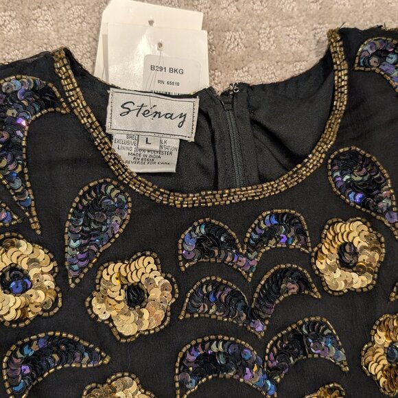 Silk Floral Beaded Sequined Blouse Black Gold - Women's sz S - Picture 7 of 11